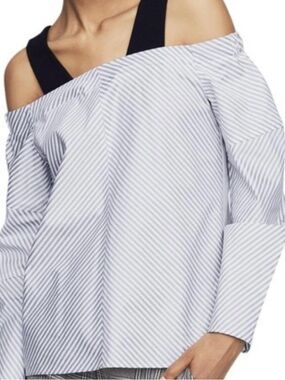 Maje Off-the-Shoulder Striped Blouse in White and Light Gray